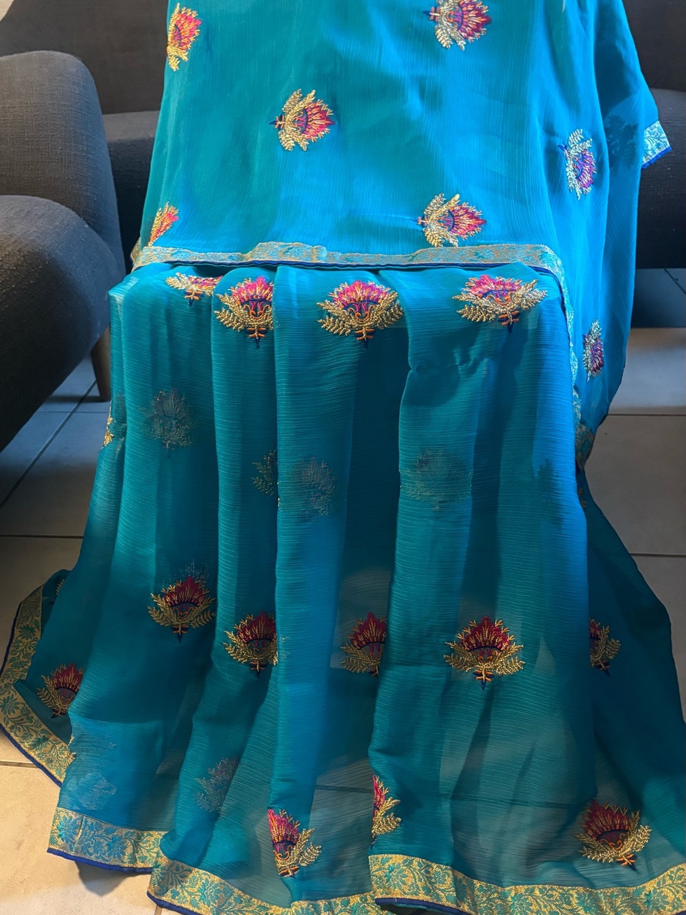 Turquoise Blue Embroidered Women's Saree with Gold Accent - Picture 2 of 5